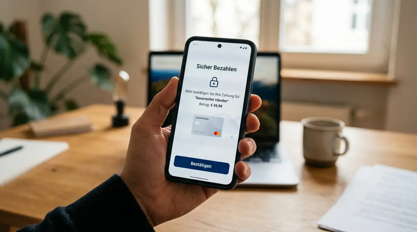 Smartphone-Bildschirm zeigt 3-D-Secure-Bestätigungsdialog im PSD2-SCA-Schritt