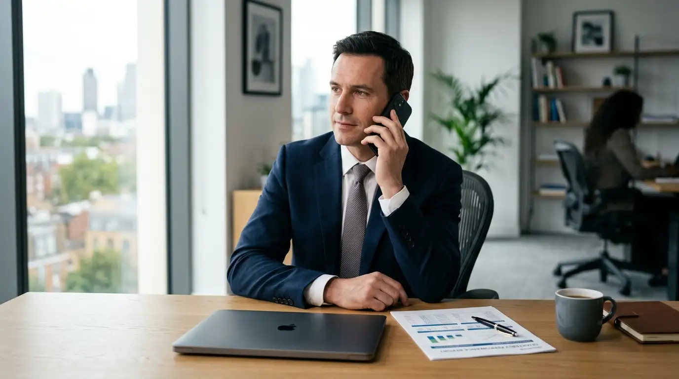Person telefoniert in Anzug am Schreibtisch mit Banker, Banking-Unterlagen liegen vor ihr