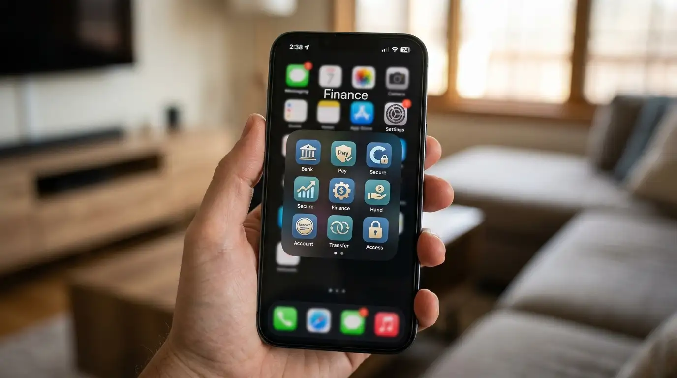 Smartphone-Bildschirm mit mehreren generischen Banking-App-Icons auf dem Home-Screen