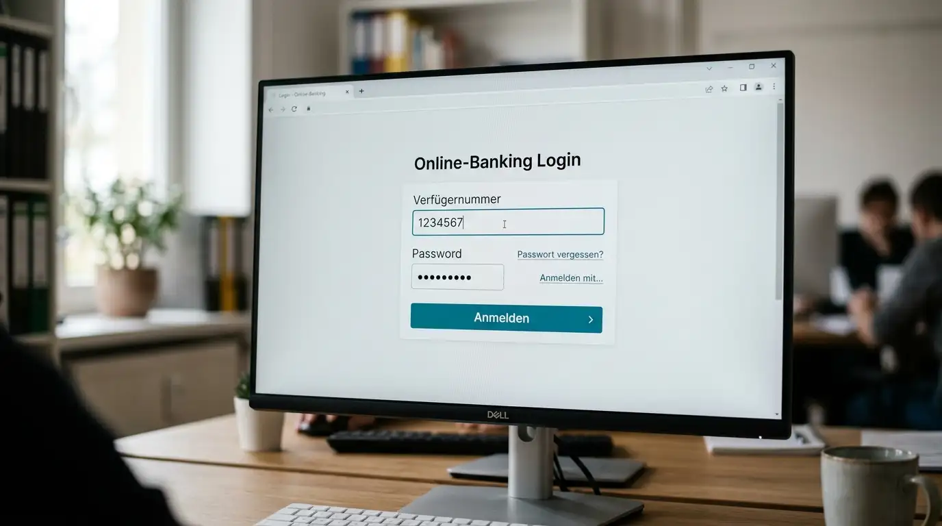 BAWAG-eBanking-Loginmaske auf einem Desktop-Monitor mit Verfügernummer-Feld im Vordergrund