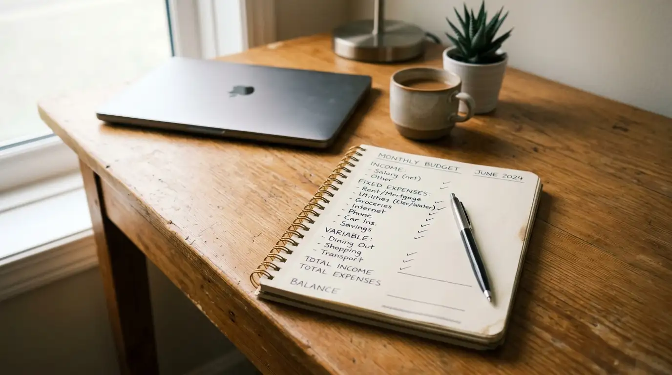 Person plant Monatsbudget auf einem Notizblock mit Kontostand-Übersicht