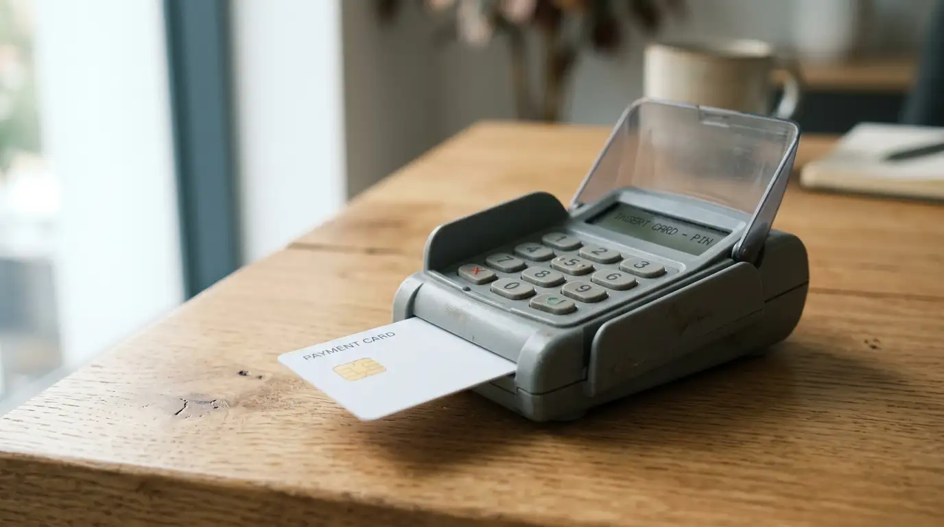 Generisches cardTAN-Lesegerät mit eingesteckter Plastikkarte auf einem Schreibtisch