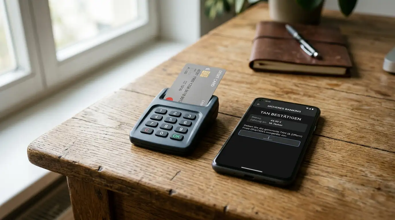 cardTAN-Lesegerät mit eingelegter Bankomatkarte neben einem Smartphone mit Mobile-TAN-App