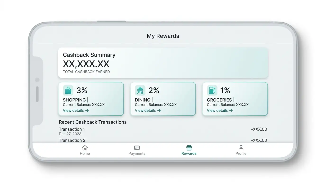 Banking-App-Bildschirm zeigt allgemeines Cashback-Bonusprogramm einer Premium-Karte