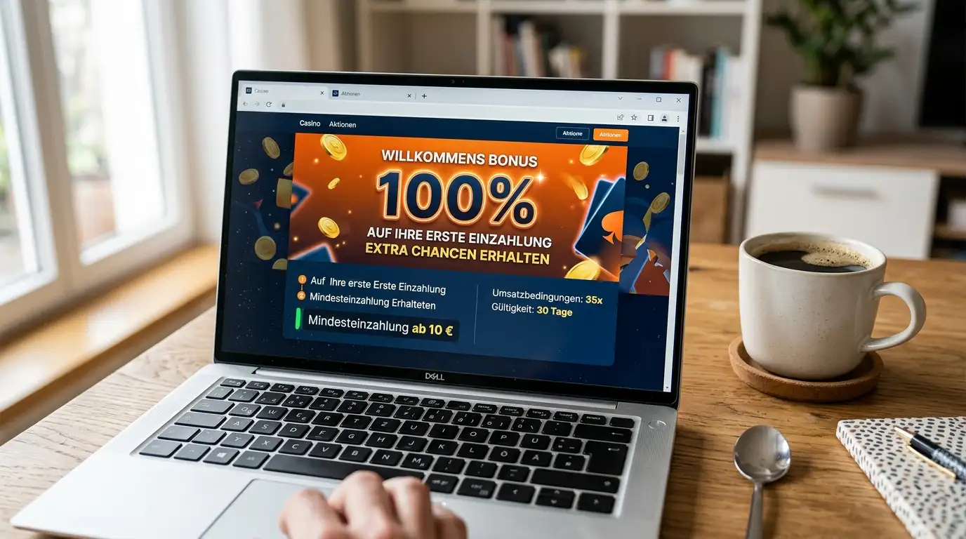 Laptop-Bildschirm mit Casino-Willkommens-Bonus-Banner und der Schwellen-Markierung für die Aktivierung