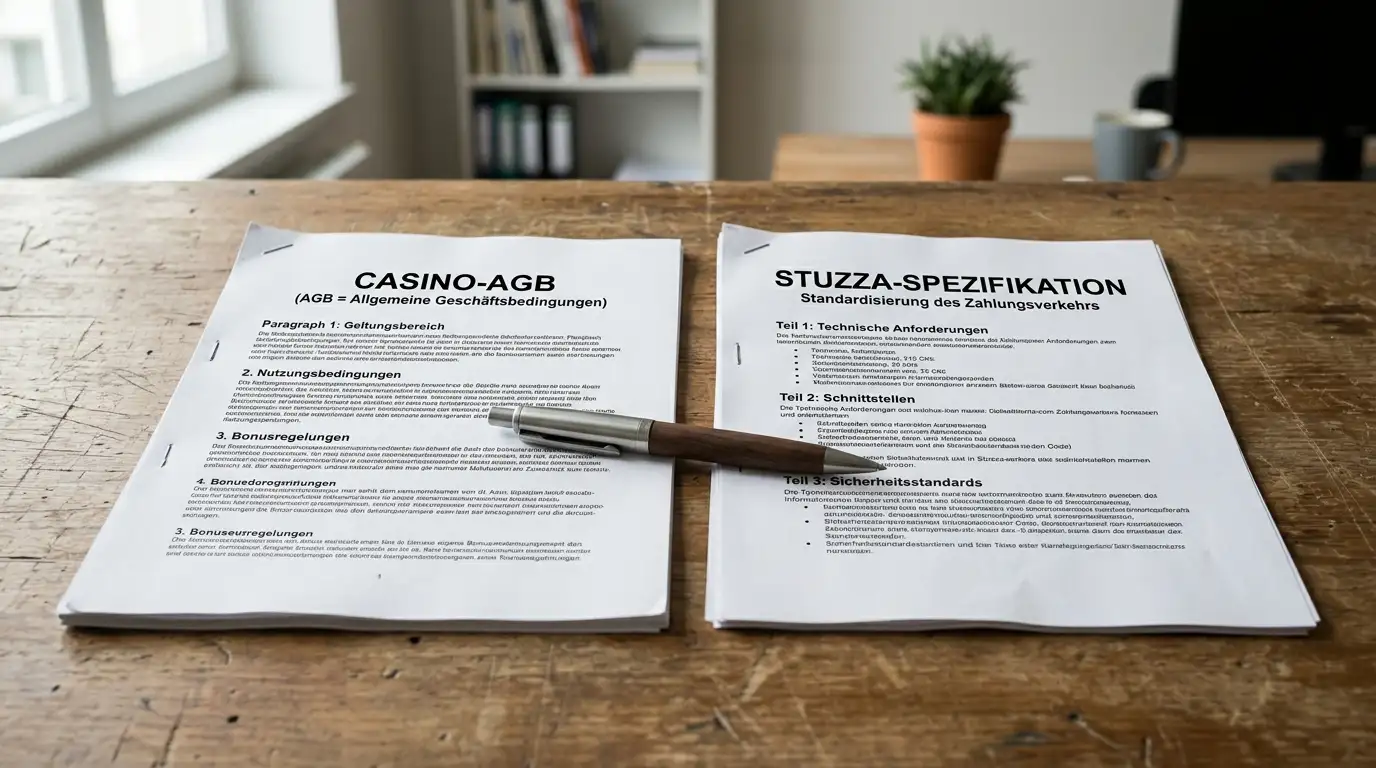 Aufgeschlagenes Dokument mit Casino-Geschäftsbedingungen und ein zweites mit STUZZA-Spezifikation auf einem Schreibtisch