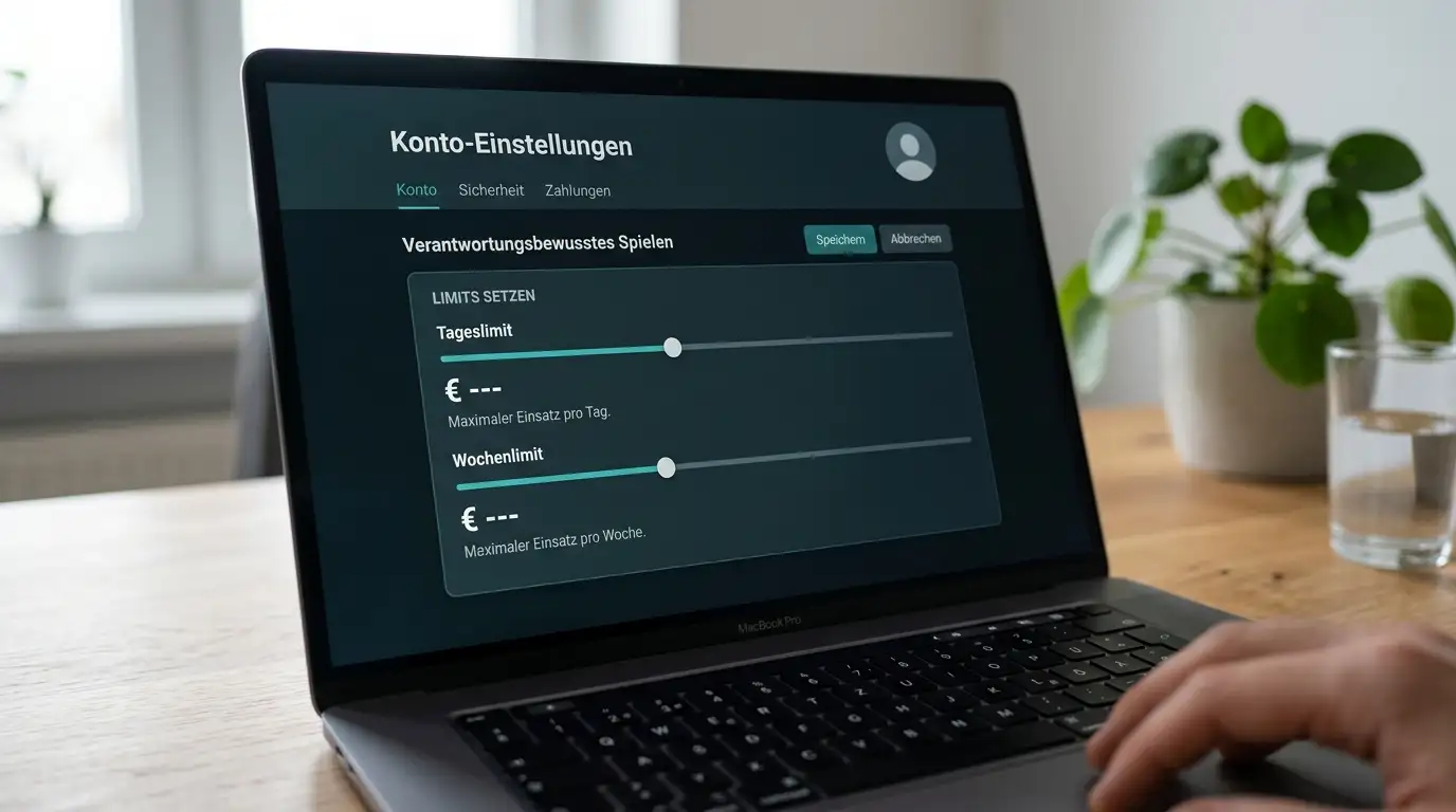 Laptop-Bildschirm mit Casino-Konto-Einstellungen, die Tages- und Wochen-Obergrenzen für Einzahlungen anzeigen