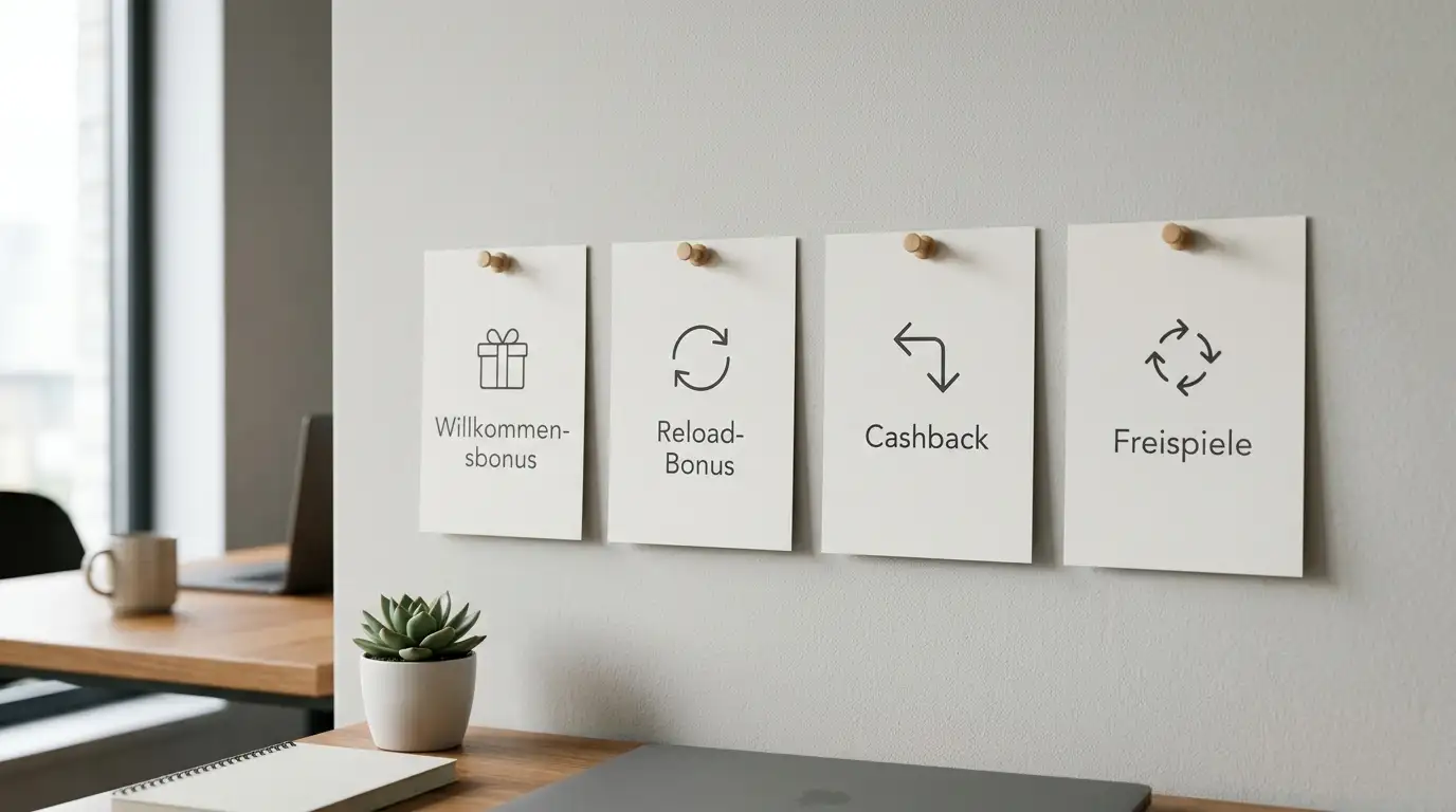 Übersicht typischer Bonus-Typen, die mit eps-Einzahlung aktivierbar sind: Willkommens-, Reload-, Cashback- und Freispiel-Boni
