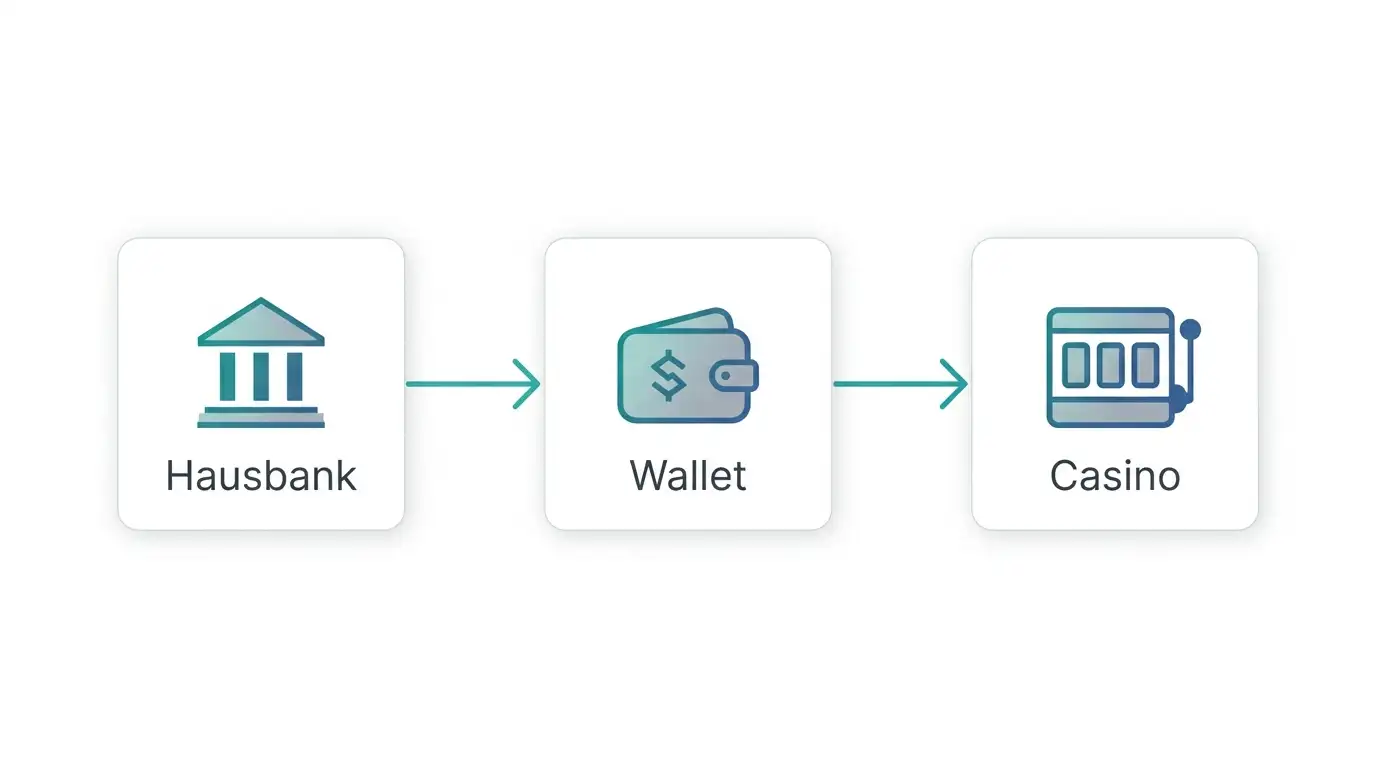 Schema des Drei-Stufen-Modells Hausbank zu Wallet-Konto zu Casino bei E-Wallets