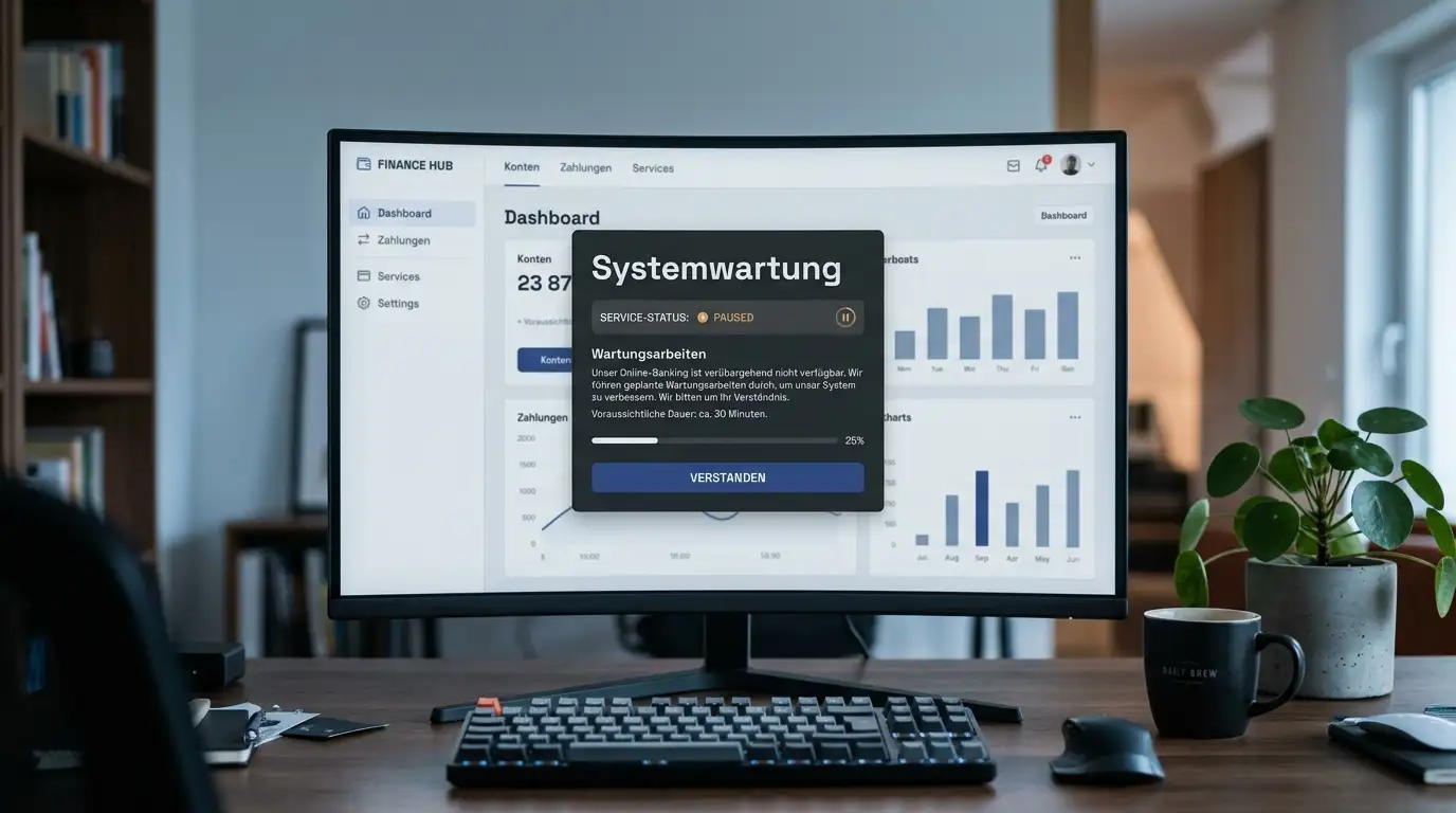 Bildschirm mit Wartungs-Hinweis-Dialog und Konfigurations-Fehlermeldung im e-Banking