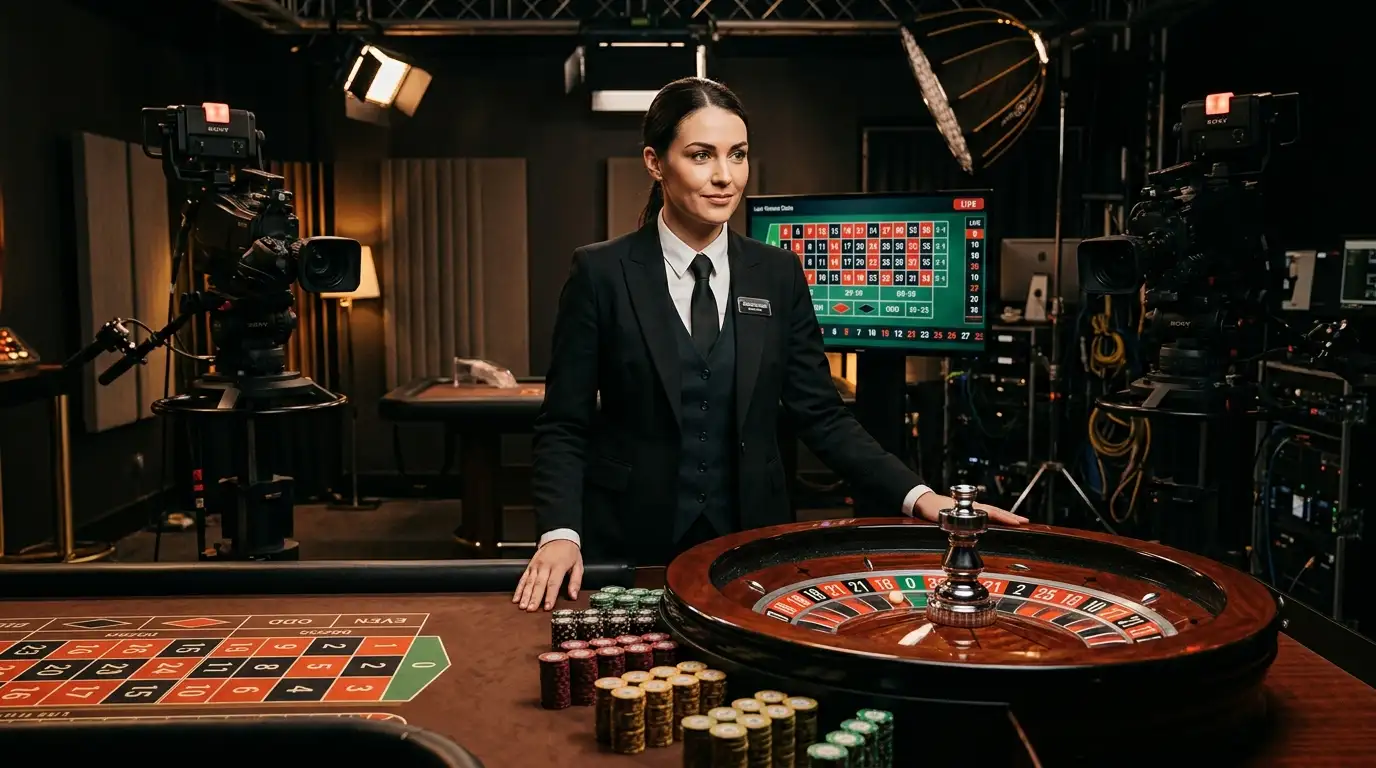 Live-Dealer-Streaming-Studio mit professionellem Croupier am Roulette-Tisch
