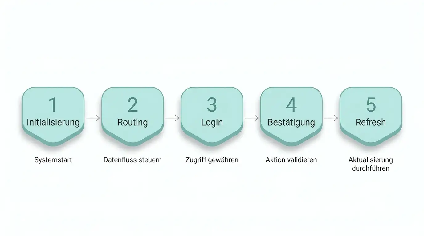 Schematische Darstellung der fünf Phasen einer eps-Casino-Einzahlung von Klick bis Bestätigung
