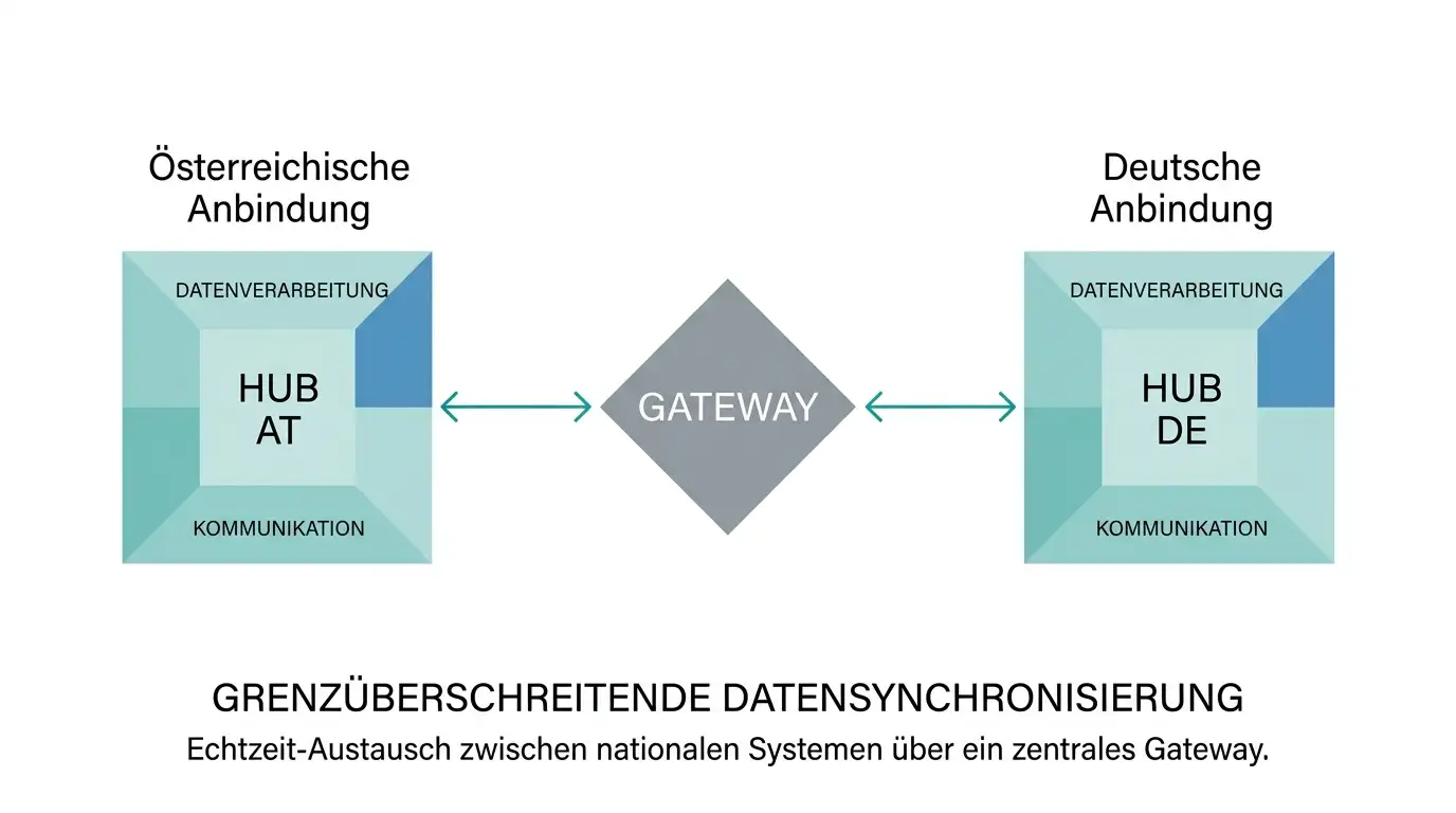 Technische Architektur-Skizze zweier separater Zahlungs-Hubs mit Gateway-Brücke