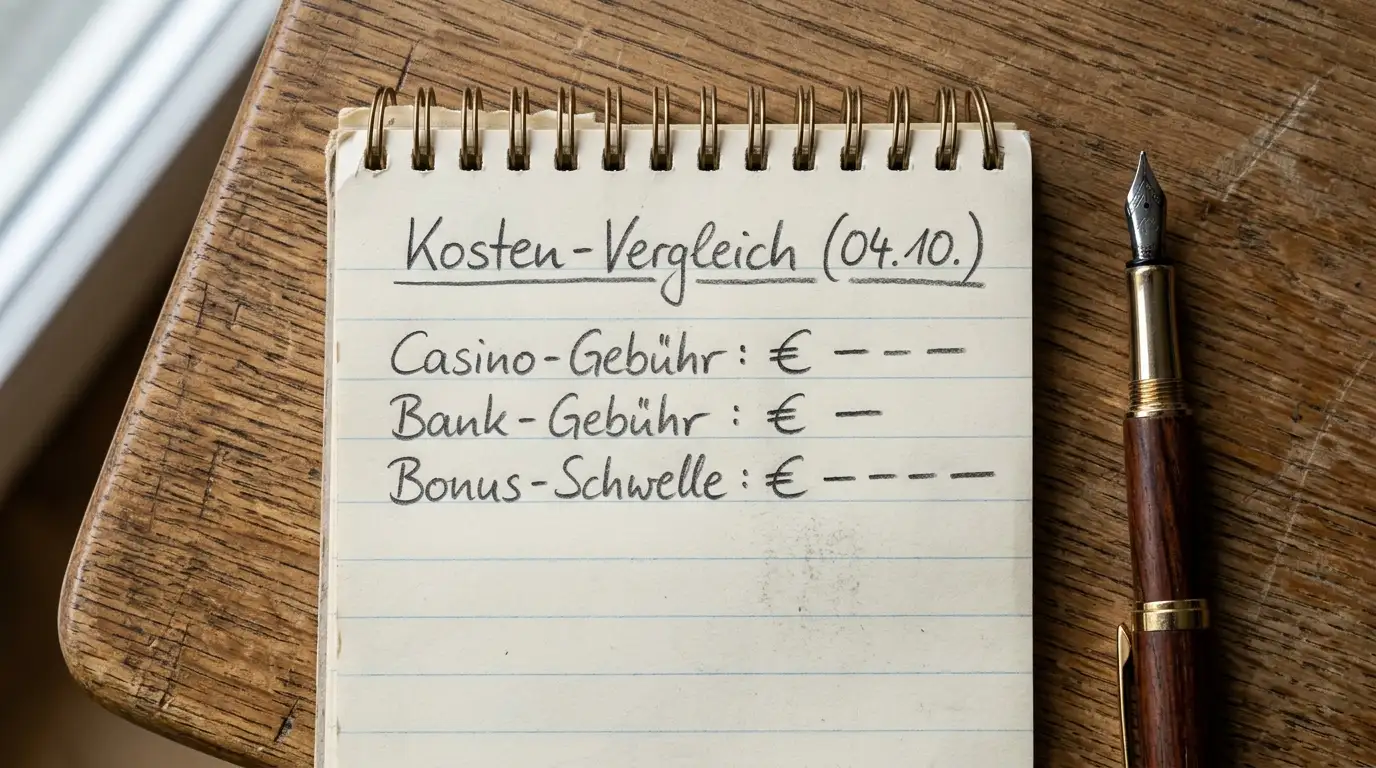 Person prüft auf einem Notizblock einen handschriftlichen Kostenvergleich von Casino-Zahlungen