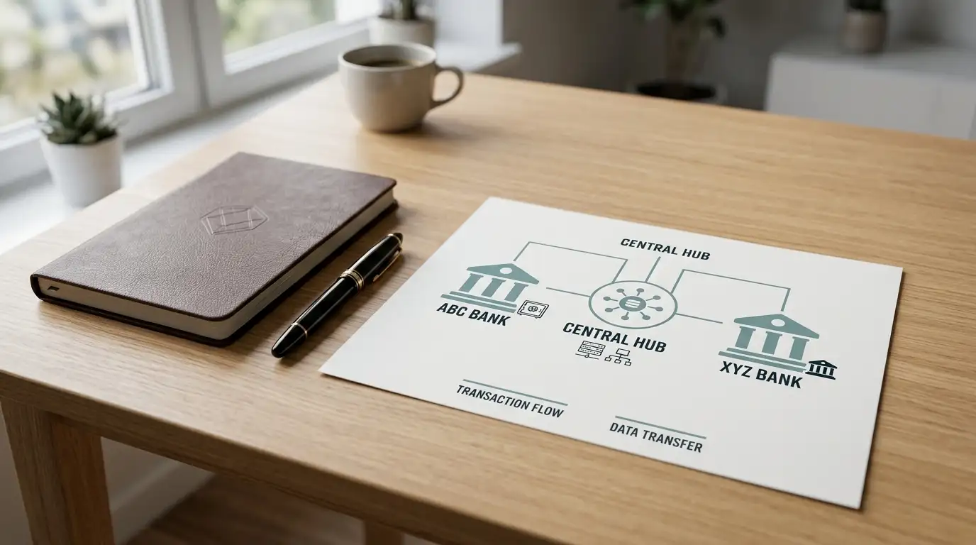 Schematische Darstellung des STUZZA-Verbunds mit Erste-Bank- und Sparkasse-Logos auf einem Bürotisch