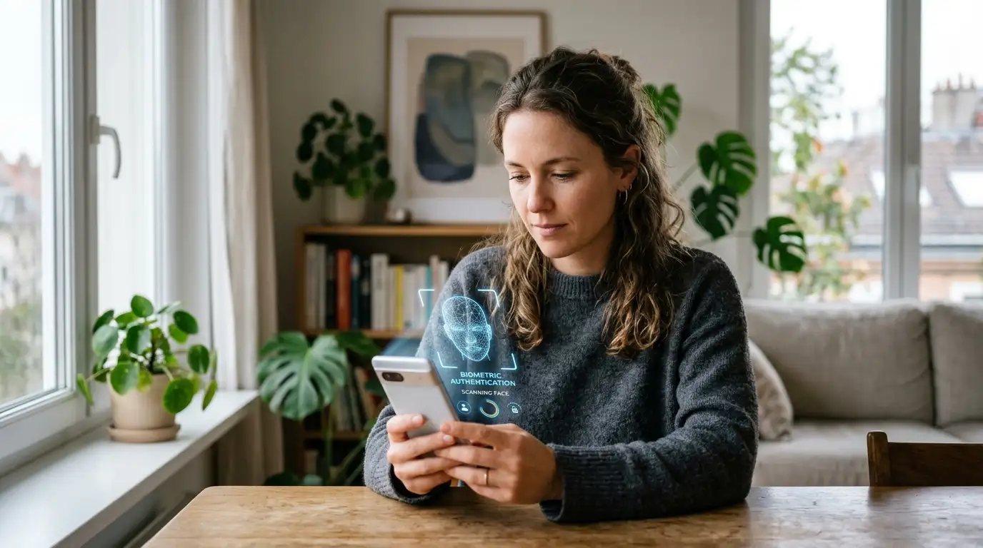 Spielerin nutzt Face ID auf dem Smartphone zur Bestätigung einer eps-Casino-Buchung