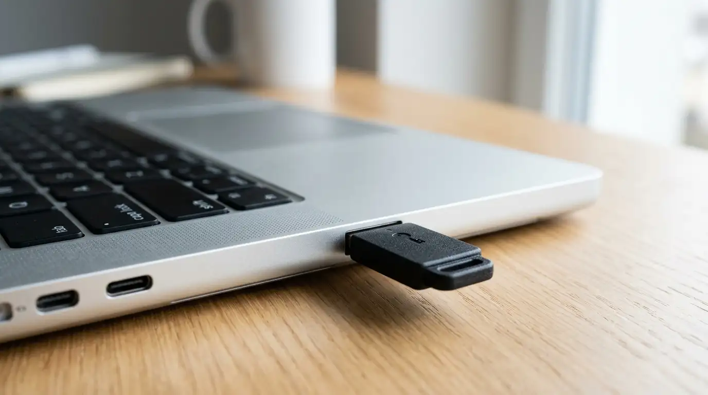 FIDO2-Sicherheitsschlüssel im USB-Port eines Laptops für die Banking-Authentifizierung