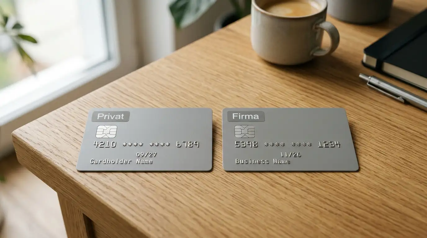 Zwei Banking-Karten auf einem Holzschreibtisch, eine privat und eine geschäftlich beschriftet
