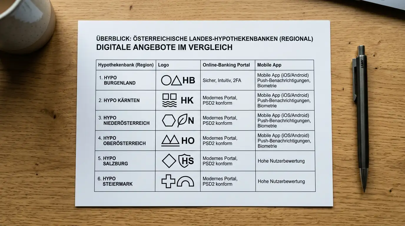 Tabelle mit Logos der österreichischen Hypo-Landesbanken auf einem Schreibtisch