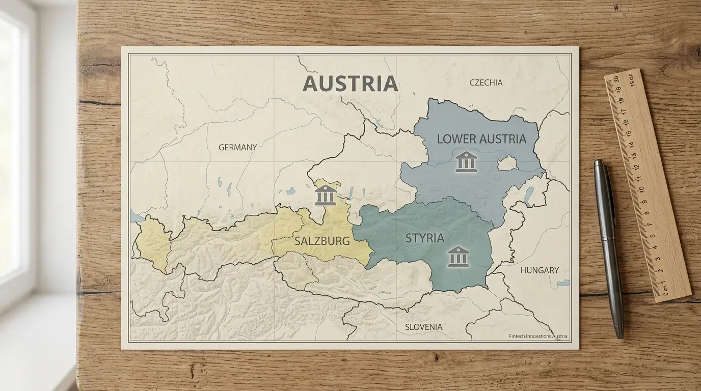 Geographische Karte mit Niederösterreich, Salzburg und der Steiermark sowie drei Hypo-Banking-Symbolen