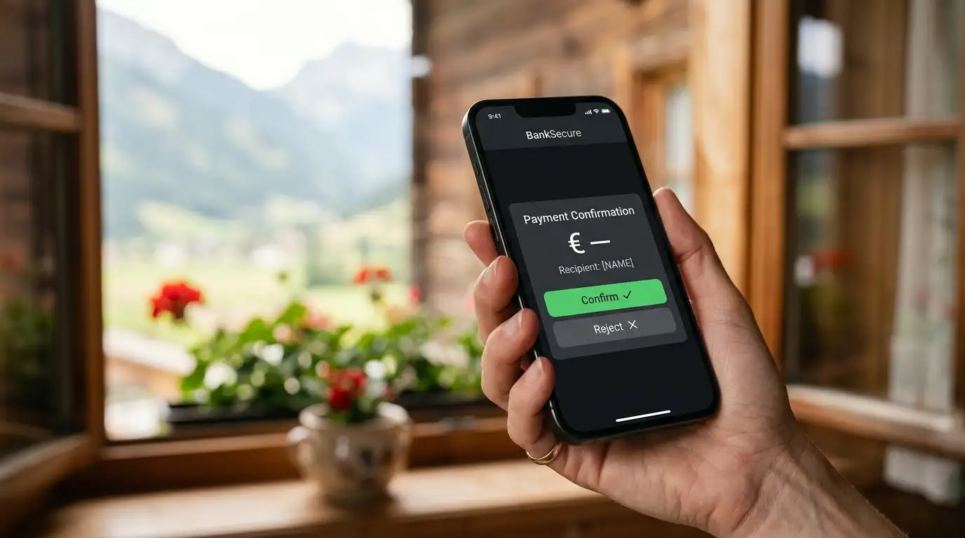 hypoDirekt-App-Bildschirm der Hypo Tirol mit Push-Bestätigungs-Anforderung in der Hand