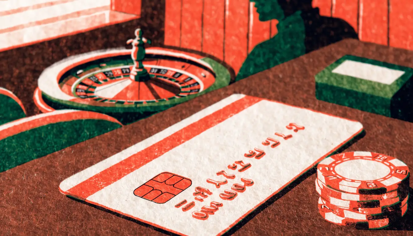 Mastercard-Kreditkarte auf Casinotisch mit Chips und Roulette in österreichischem Ambiente.