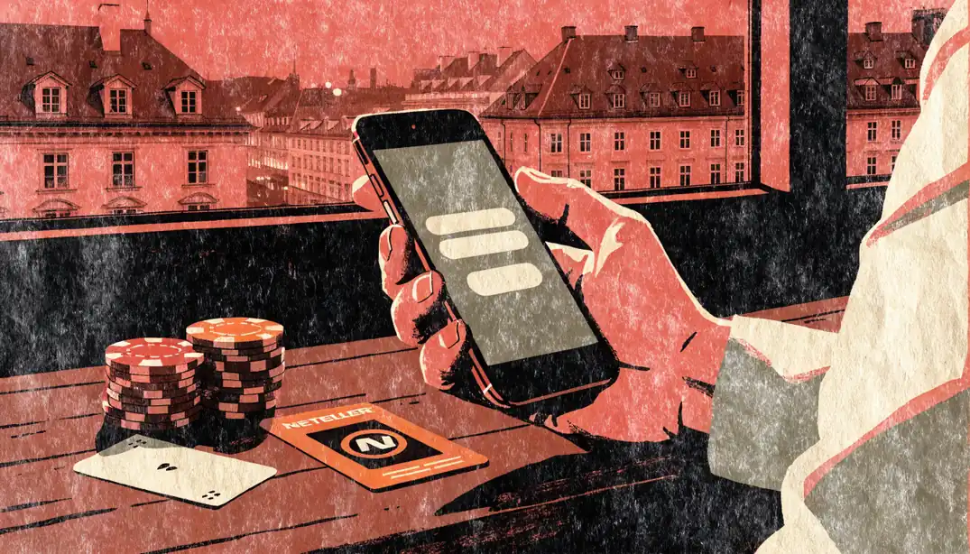 Smartphone mit E-Wallet neben Casino-Chips und Spielkarte auf Tisch