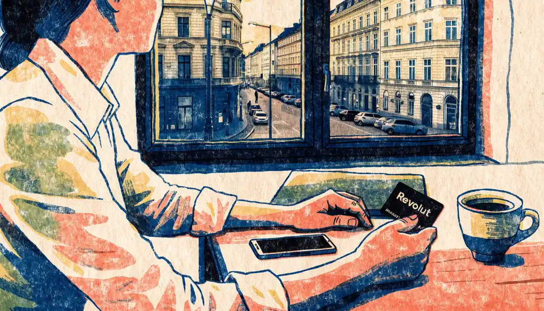 Abendlicht, Person betrachtet Revolut-Karte neben Smartphone auf Tisch