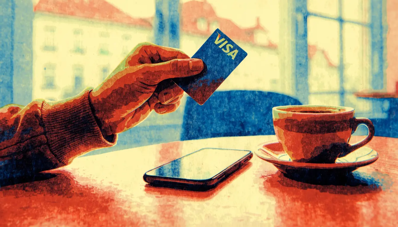 Hand mit Visa-Kreditkarte über Holztisch in einem Wiener Café.