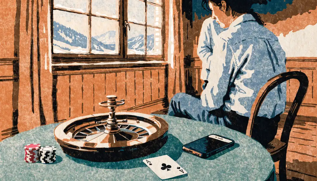 Holziger österreichischer Wohnraum mit Spielchips, Roulette und zugeklapptem Smartphone am Tisch.