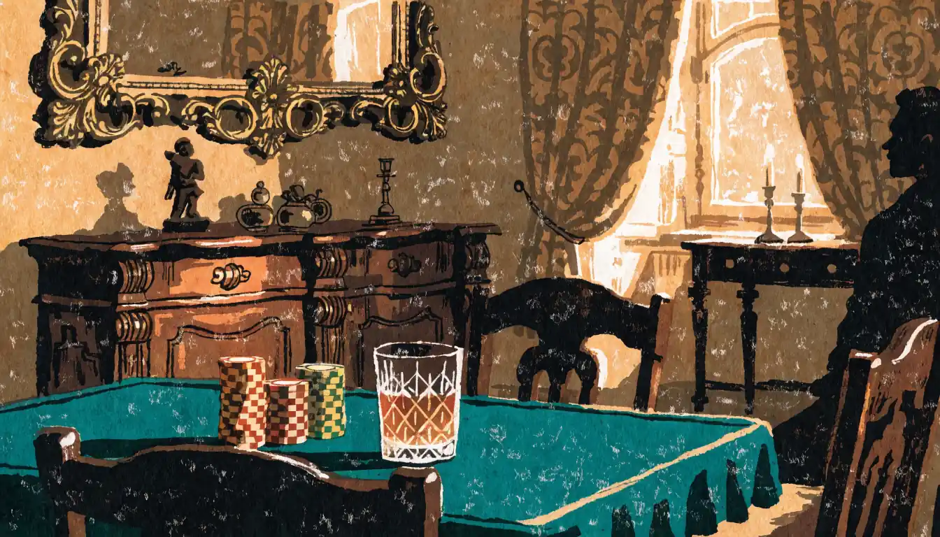 Elegante Wiener Lounge mit Spielchips auf grünem Filztisch bei warmem Abendlicht