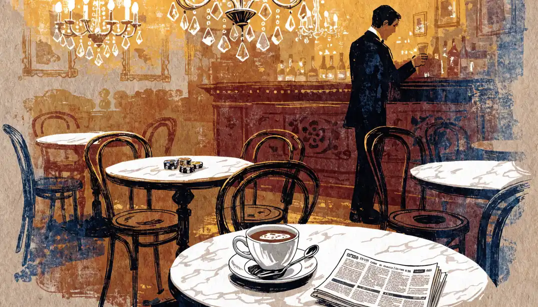 Casino-Chips neben Melange-Kaffee in einem eleganten Wiener Kaffeehaus