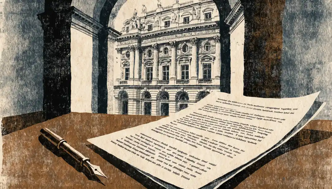 Formelles juristisches Dokument auf einem Schreibtisch mit Wiener Architektur im Hintergrund