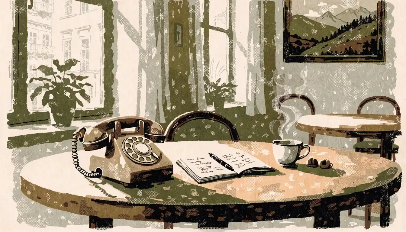 Vintage Telefon auf einem Holztisch in einem Wiener Café
