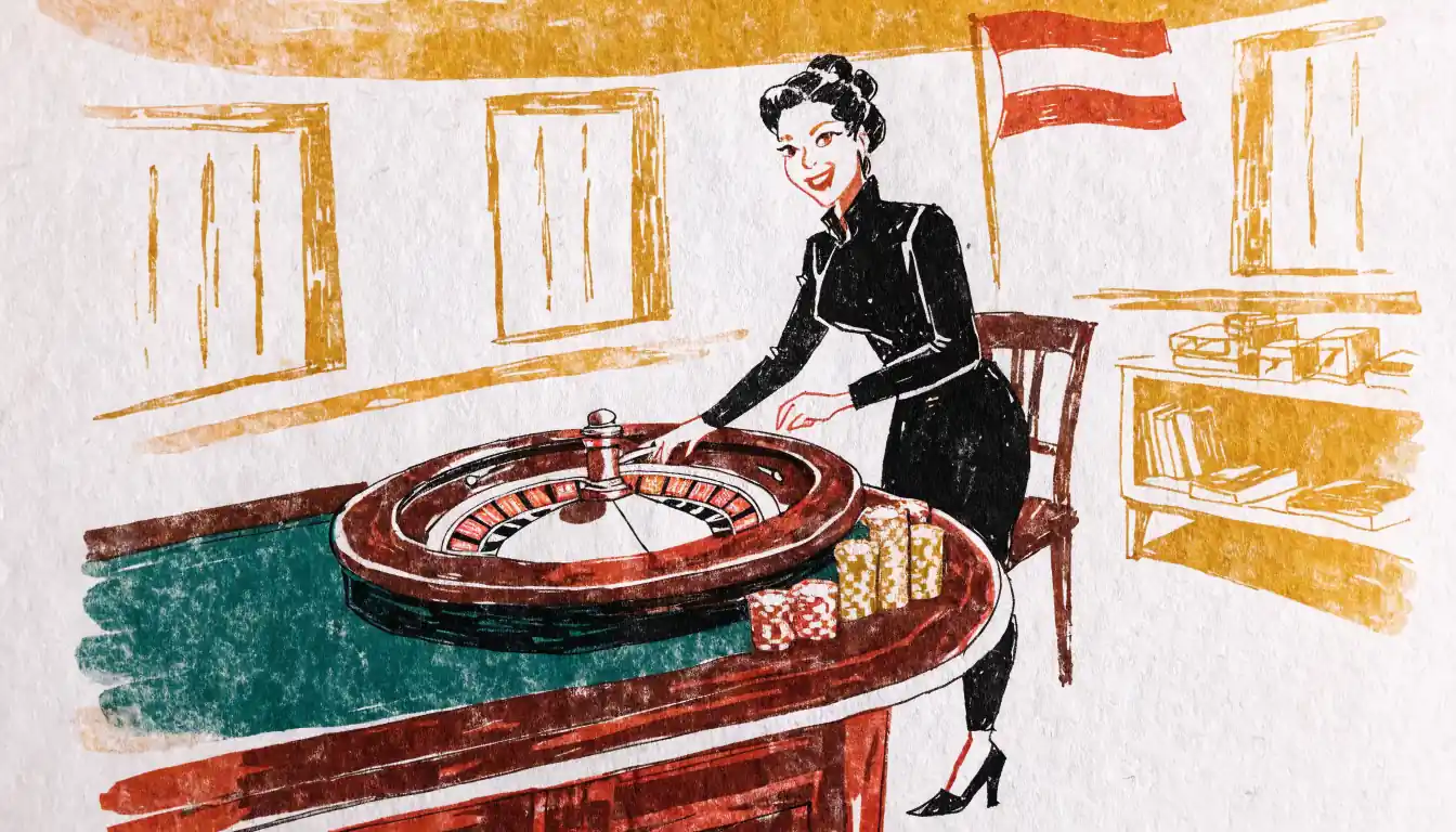 Professionelle deutschsprachige Roulette-Dienerin neben einem klassischen Rad in einem österreichischen Online-Casino-Studio.