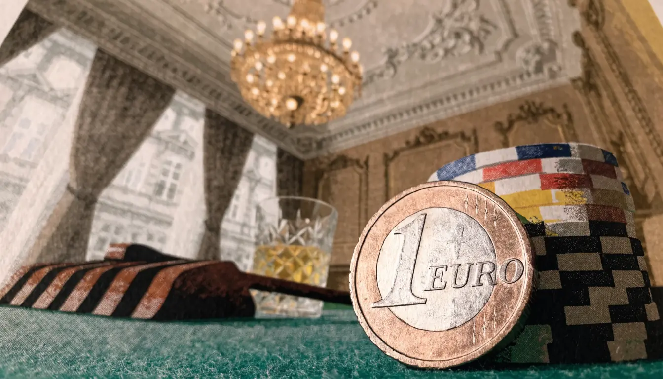 Eine Ein-Euro-Münze auf grünem Spieltisch mit Casino-Jetons in elegantem österreichischem Interieur