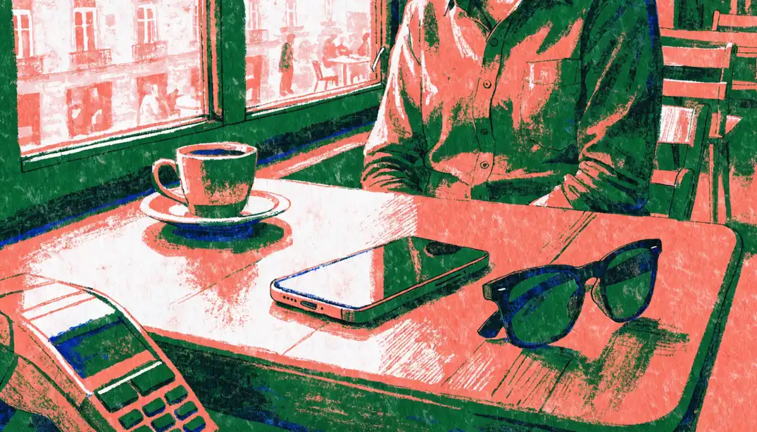 Smartphone und Bezahlterminal auf einem Wiener Kaffeetisch