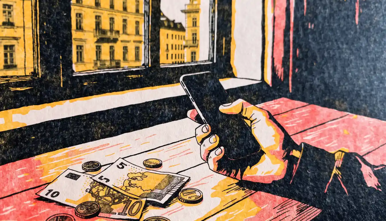 Smartphone mit Euromünzen auf einem Tisch in einem Wiener Kaffeehaus, Tageslicht durch ein hohes Fenster