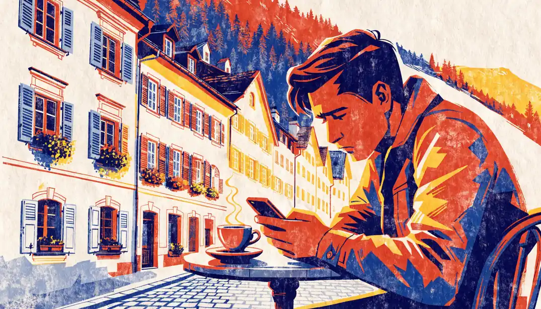 Nachdenklicher Mann mit Smartphone im österreichischen Altstadtcafé