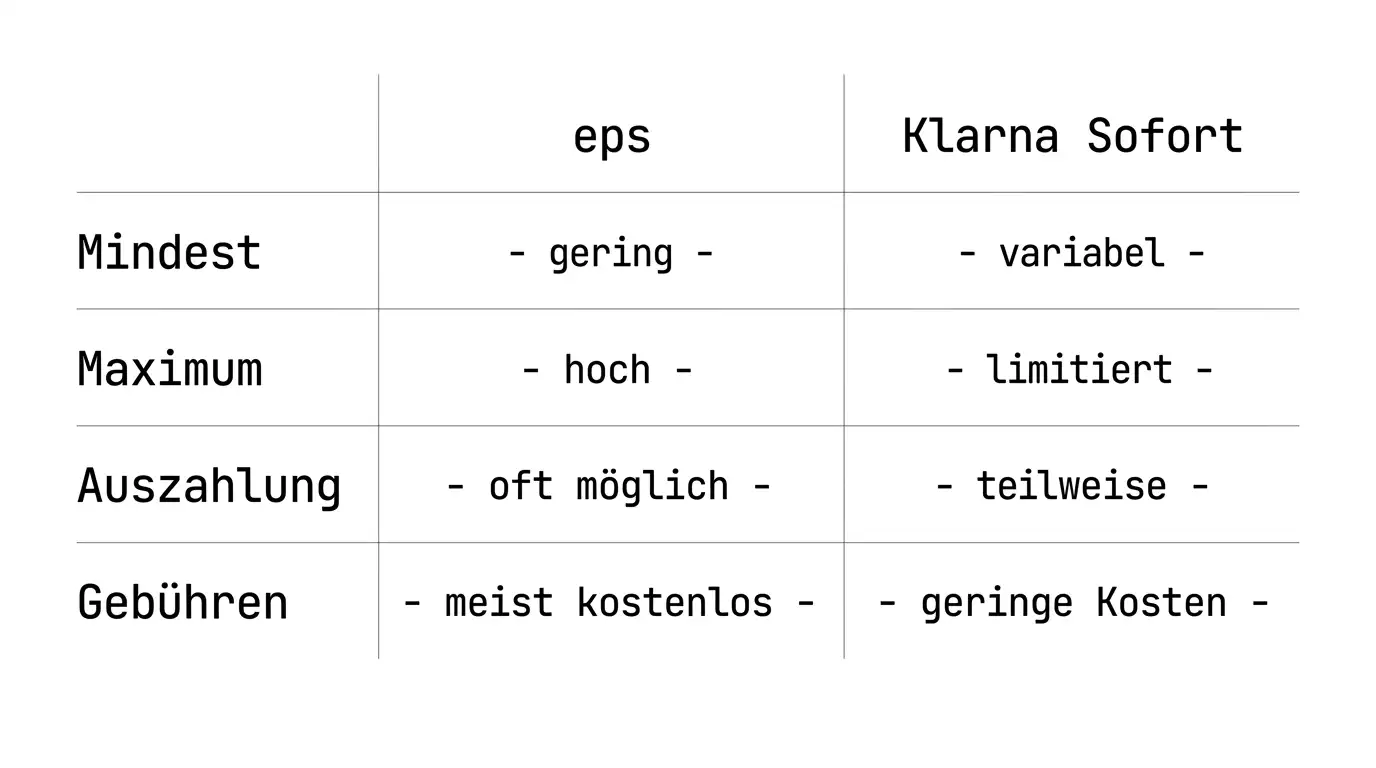 Vergleichstabelle Gebühren und Limits für eps und Klarna Sofort