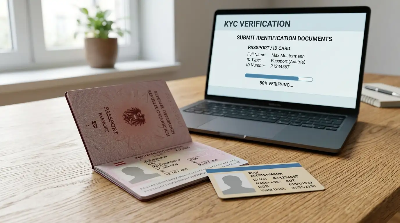 Aufgeschlagener Reisepass und Ausweis-Dokumente auf einem Tisch neben einem Laptop mit Verifizierungs-Maske