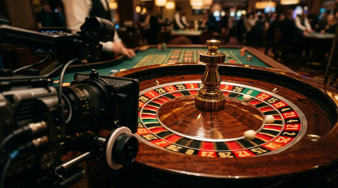 Live-gestreamter Roulette-Tisch im Broadcast-Setup einer professionellen Studio-Anlage