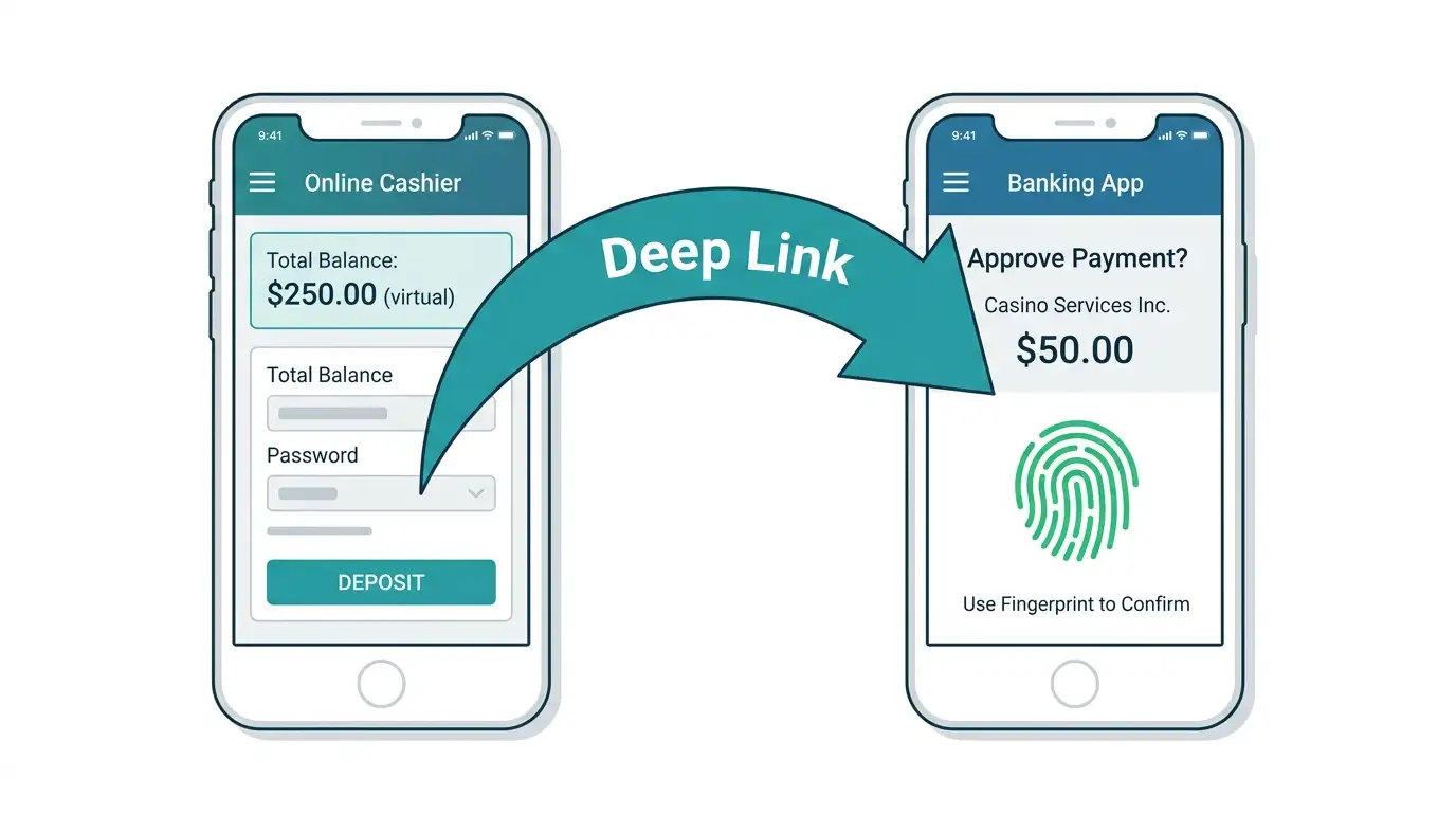 Schematische Darstellung des mobilen eps-Casino-Flows mit Deep-Link-Aufruf