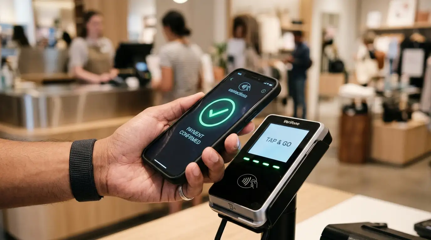 Mobile Pay mit biometrischer Bestätigung am Smartphone als Verpackung der hinterlegten Zahlungsmethode