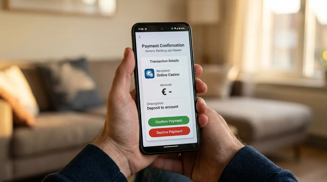 MobileTAN-App auf einem Smartphone-Bildschirm mit Buchungsdetails und Bestätigungs-Buttons