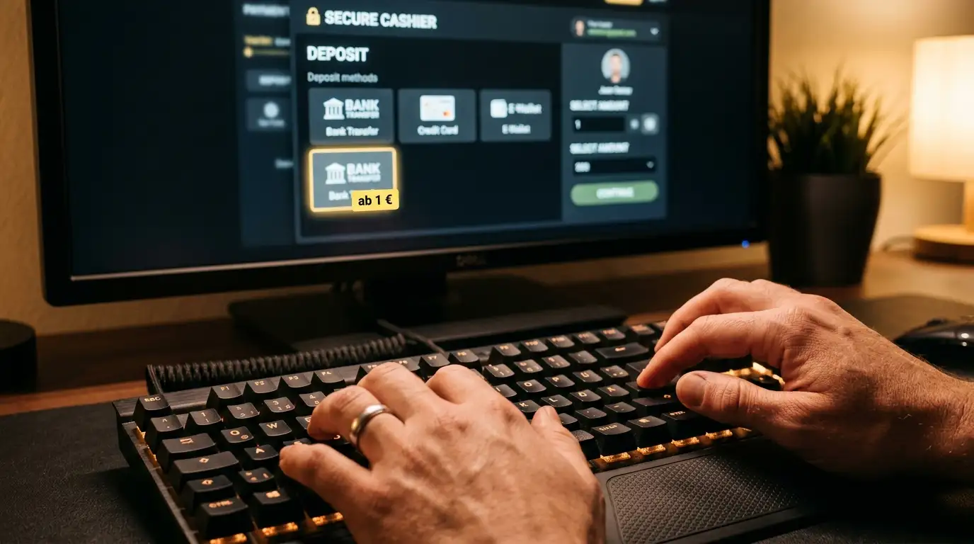 Hände auf einer Tastatur mit Casino-Webseite, die kleine Einzahlungs-Schwellen am Bildschirm anzeigt