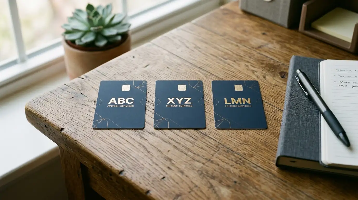 Drei nebeneinandergestellte Bank-Logos: Oberbank, BTV und BKS auf einem aufgeräumten Bürotisch