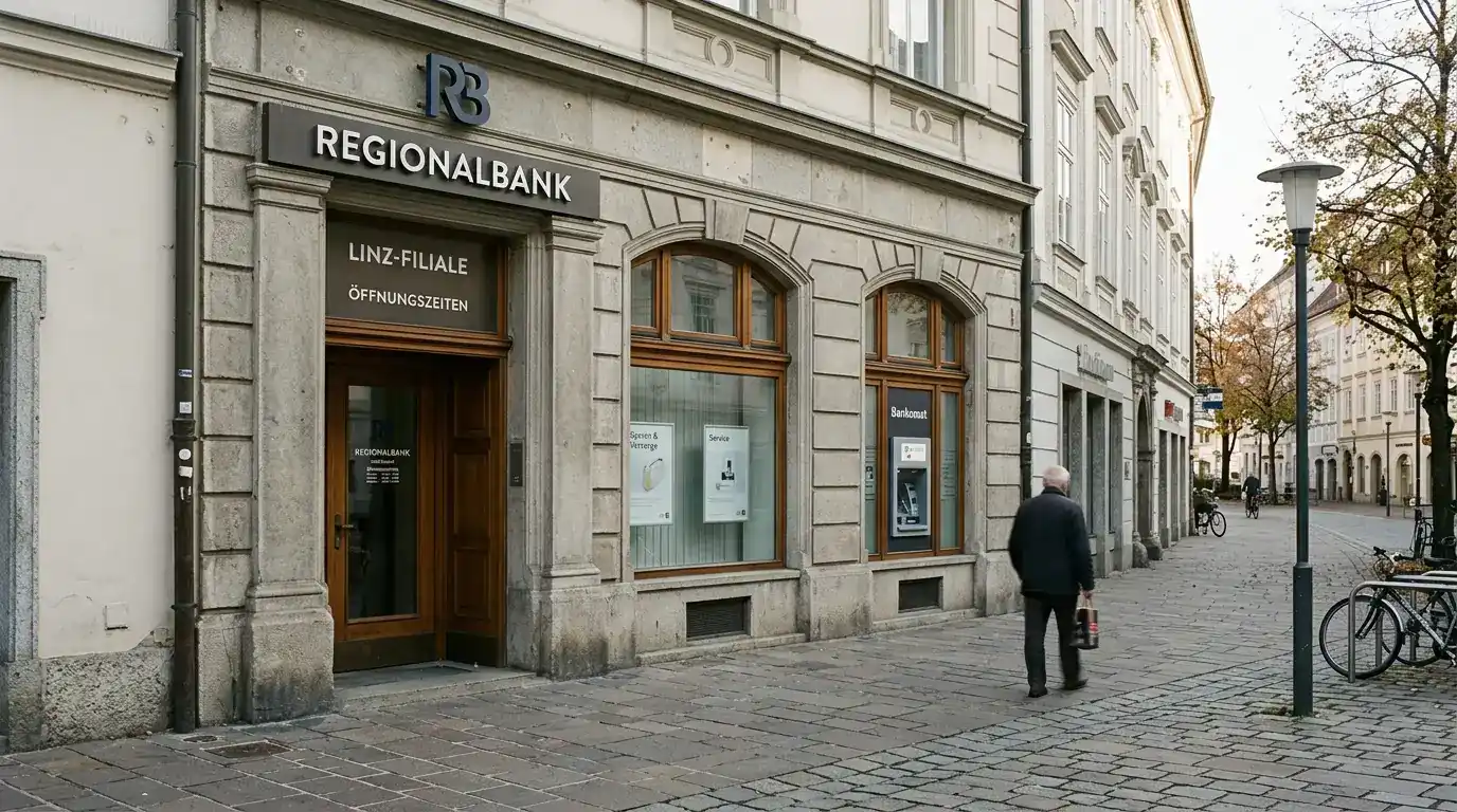 Oberbank-Filialschild mit klassischem österreichischem Banking-Branding an einer Linzer Straße
