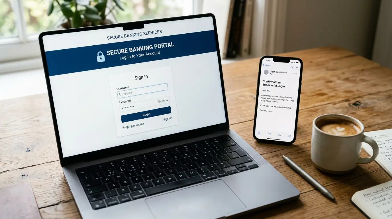 Oberbank-Online-Banking-Login-Bildschirm auf einem Desktop neben einer E-Mail-Bestätigung