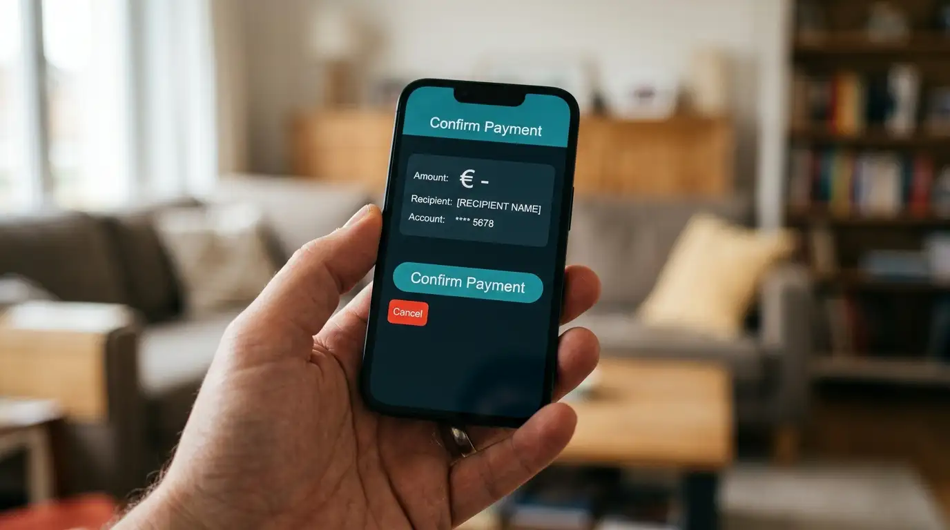 OberbankSign-App auf einem Smartphone mit Buchungs-Detail-Anzeige und Bestätigungsknopf